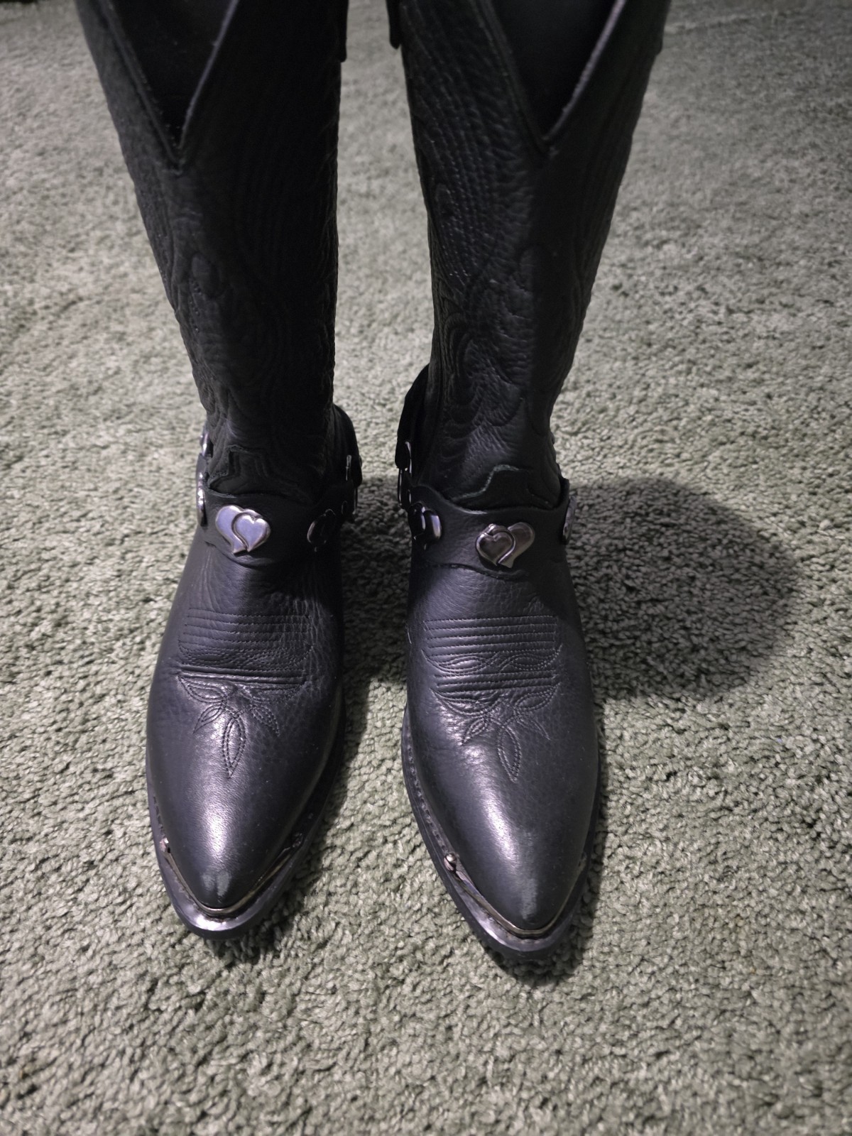 Women’s Black Leather Western Mid-Calf Pull-On Boots Pointed Toe Heart 6M