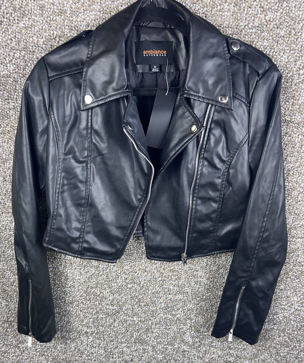 Ambiance Outerwear Women’s Cropped Faux Leather Moto Jacket Black Asymmetric Zip