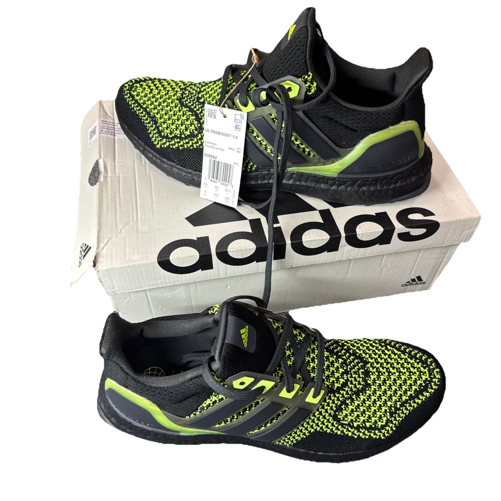 Size 9- adidas UltraBoost 1.0 Black Lucid Lemon Glow In The Dark Heal