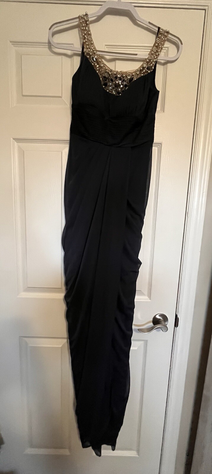 Elegant Full Length Navy Blue Gown Beaded Gala Prom Mother Of The Bride Sz 4