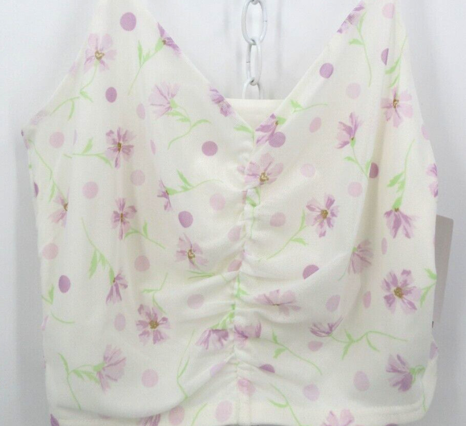 BP RUCHED V NECK CROPPED CAMI TANK TOP Women’s Size Large Ivory Lavender Floral