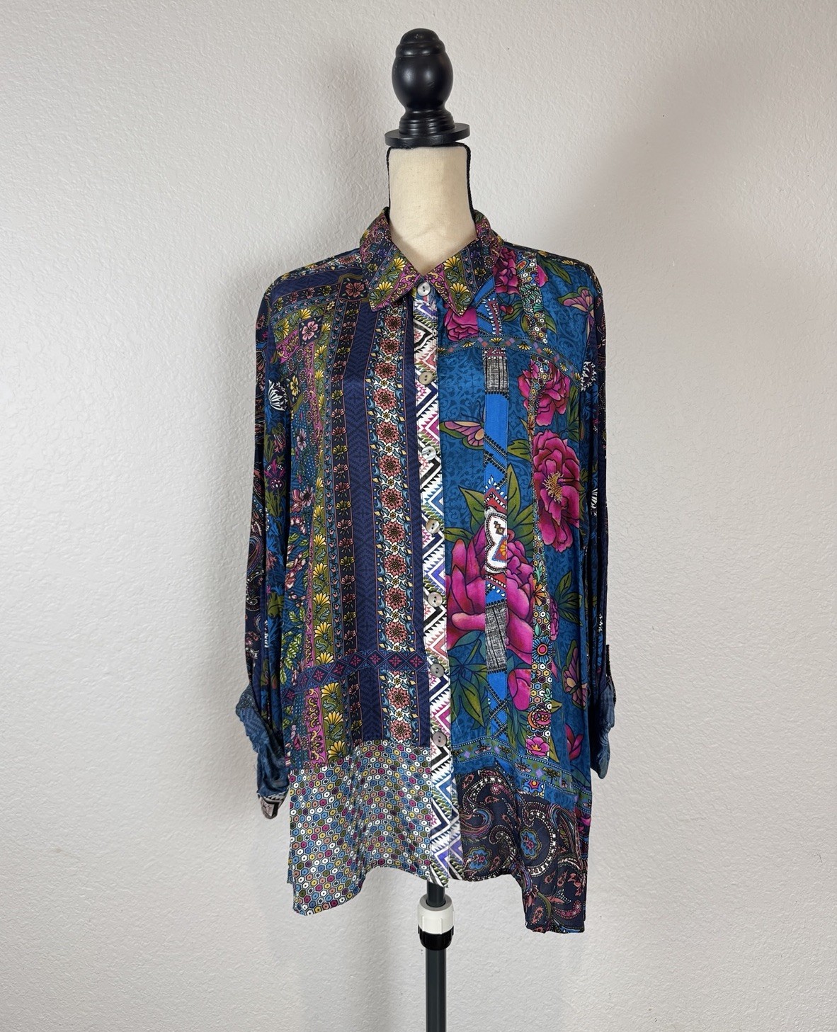 John Mark Women’s Size 2X Tunic Mixed Flo Print Roll-Tab Sleeve Blouse NWT $129