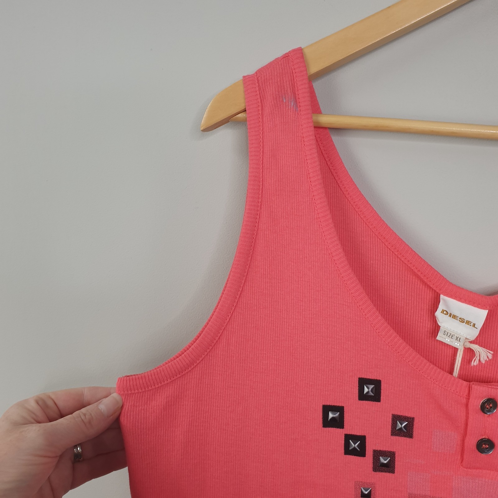 Diesel Tank Womens XL Pink Studded Logo Spellout Pixellated Cami Casual Summer