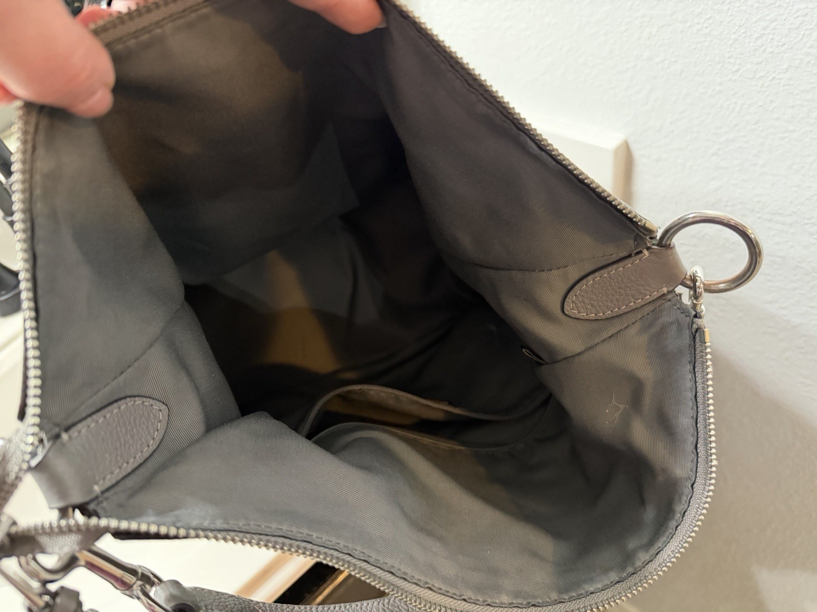 Coach Gray Pebbled Zip Top Crescent Shoulder Bag, Silver Hardware, Pockets