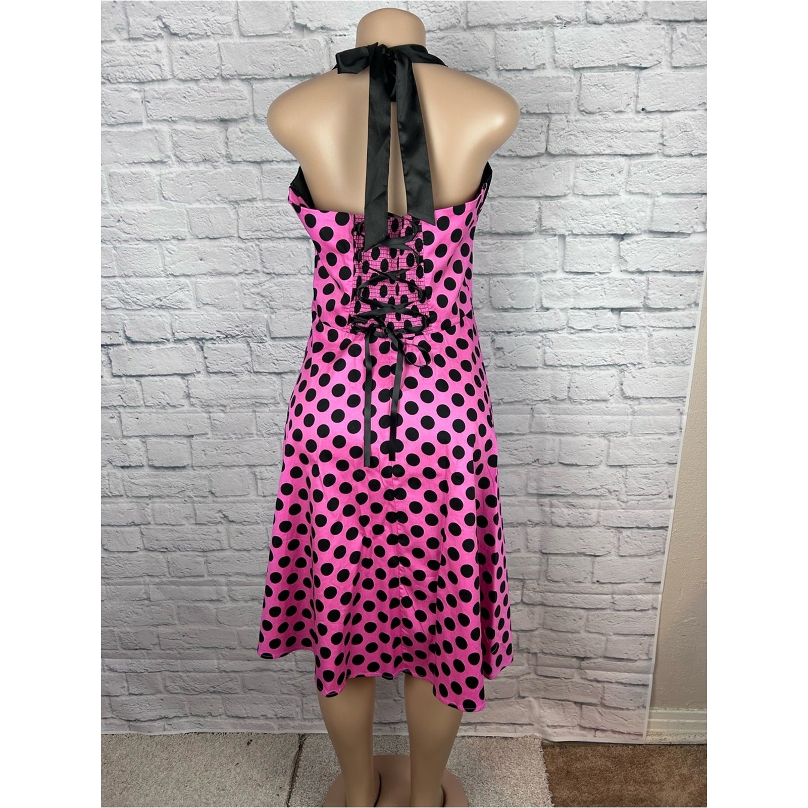 Dress Tells Pink Black Polka Dot Halter Dress XL Retro Pinup Rockabilly