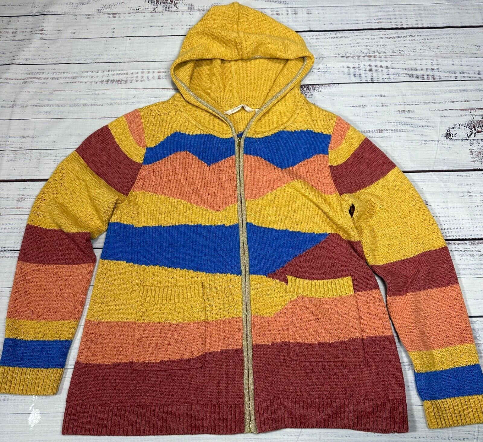 Soft Surroundings Hooded Zip Front Cardigan Sweater Lg Mango Blue Abstract Print