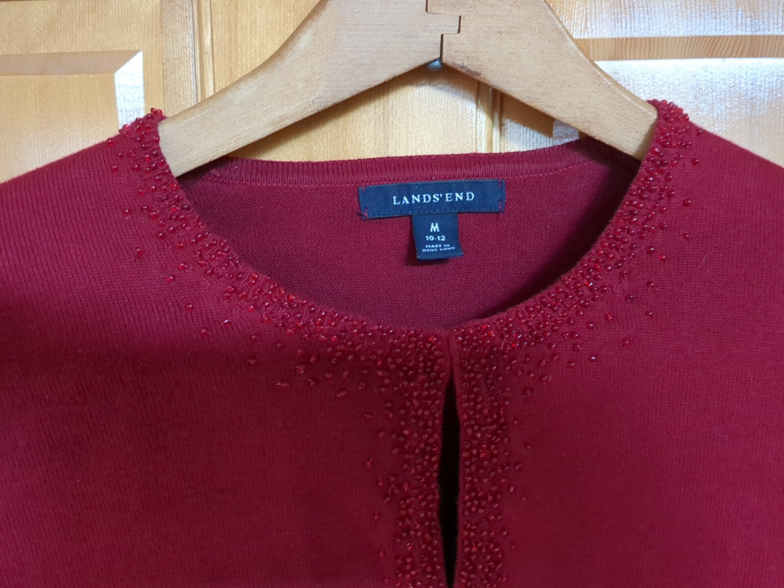 Lands End Holiday Evening Beaded Cotton Cardigan Sweater Open Front M 8-10 Red