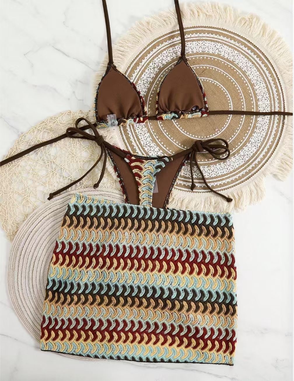 3Piece Wave Print Halter Bikini Set With Drawstring Cover Up Skirt WomenSwimsuit