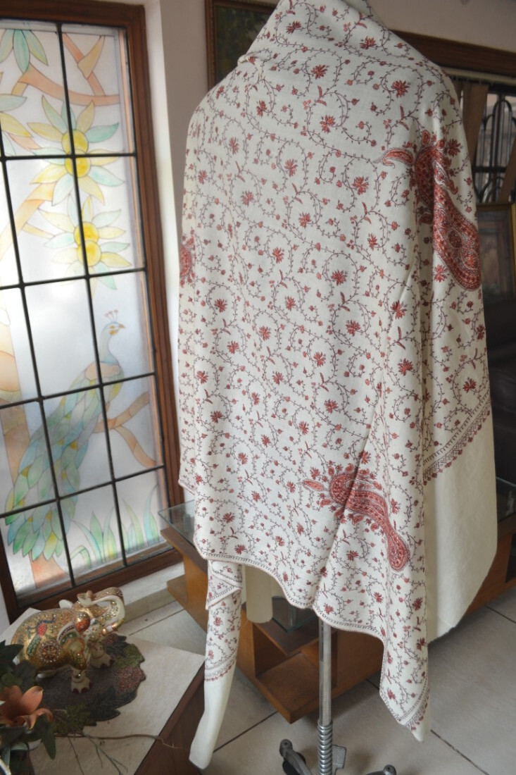 WHITE MICRO JAAL KASHMIRI HAND EMBROIDERY WEDDING SHAWL 100% CASHMERE PASHMINA
