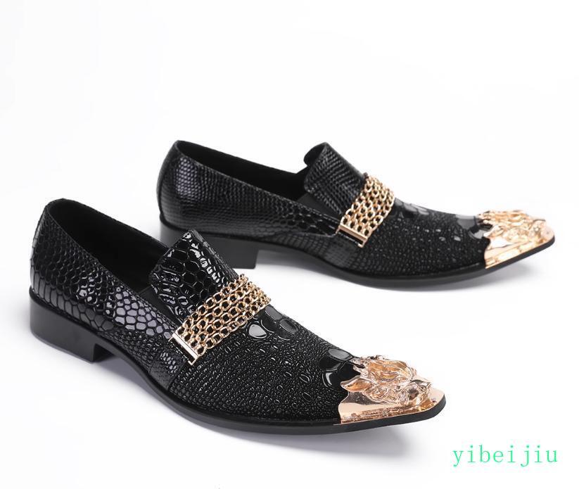 Mens Flats Metal Toe Fashion Snakeskin Shoes Pattern Leather Dress Chains Party