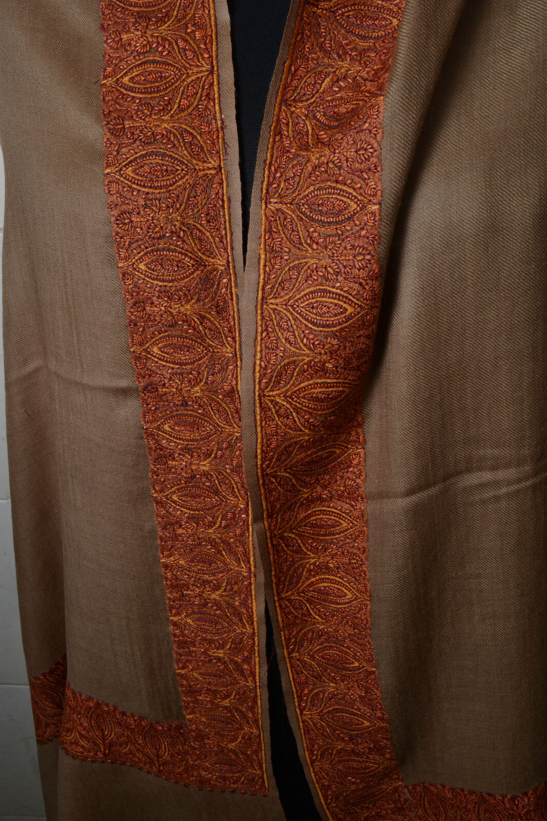 OLIVE BROWN KASHMIRI BORDER EMBROIDERY SHAWL ~100% CASHMERE PASHMINA ~14 DESIGNS