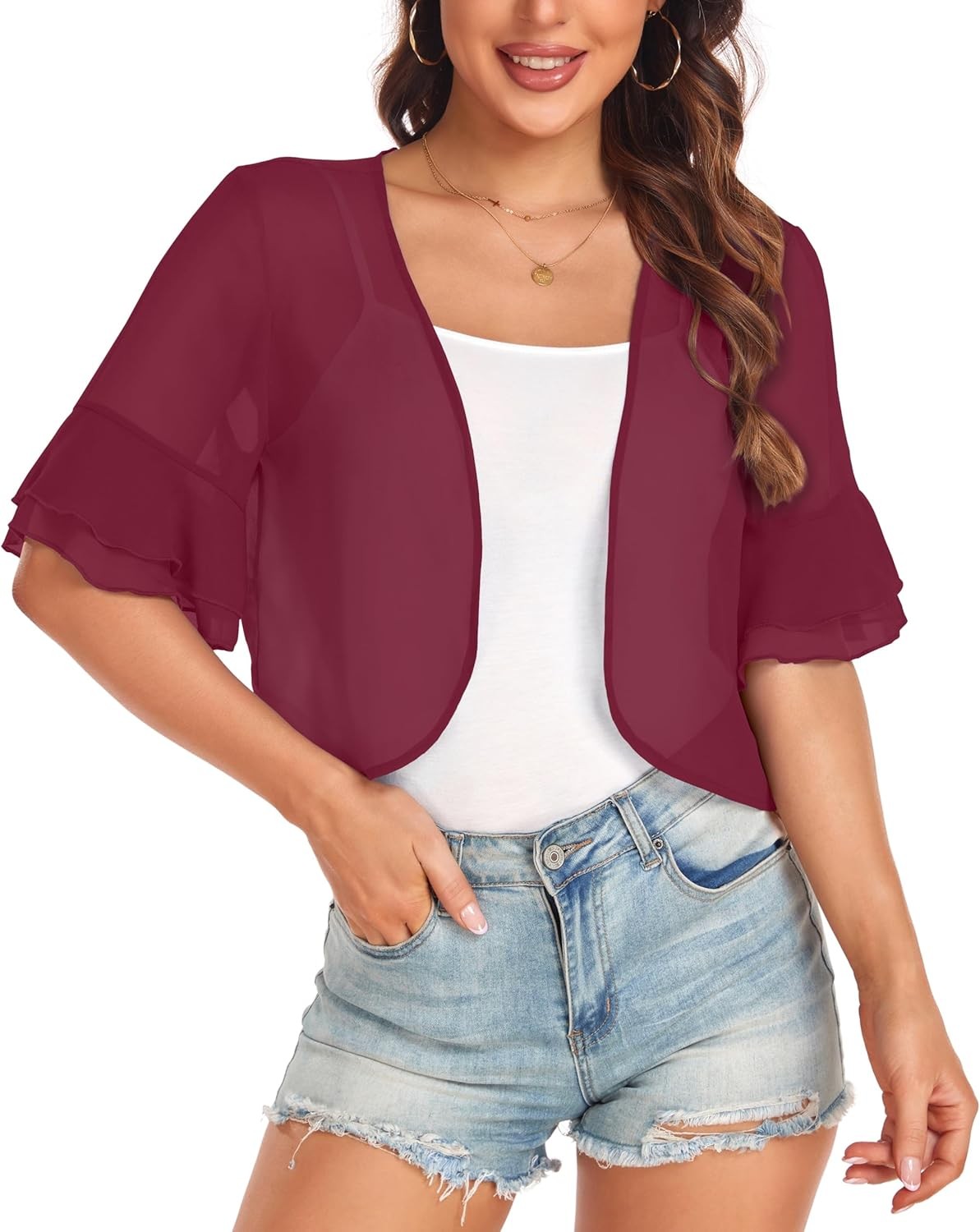 Womens Short Sleeve Shrug Open Front Sheer Ruffle Cardigan Lightweight Jacket