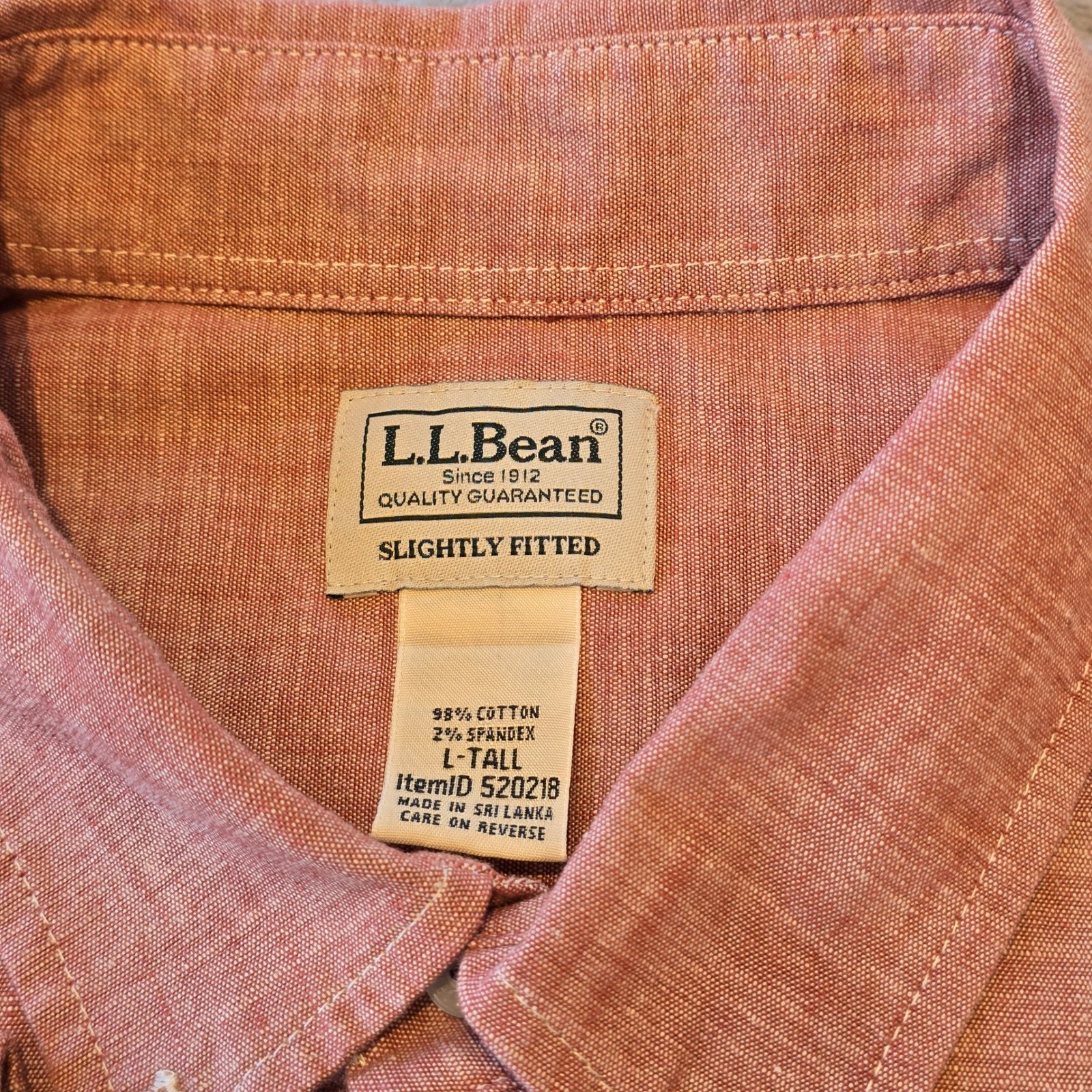 LL Bean Mens Large Tall Slightly Fitted Chambray Button Down Shirt Red Orange