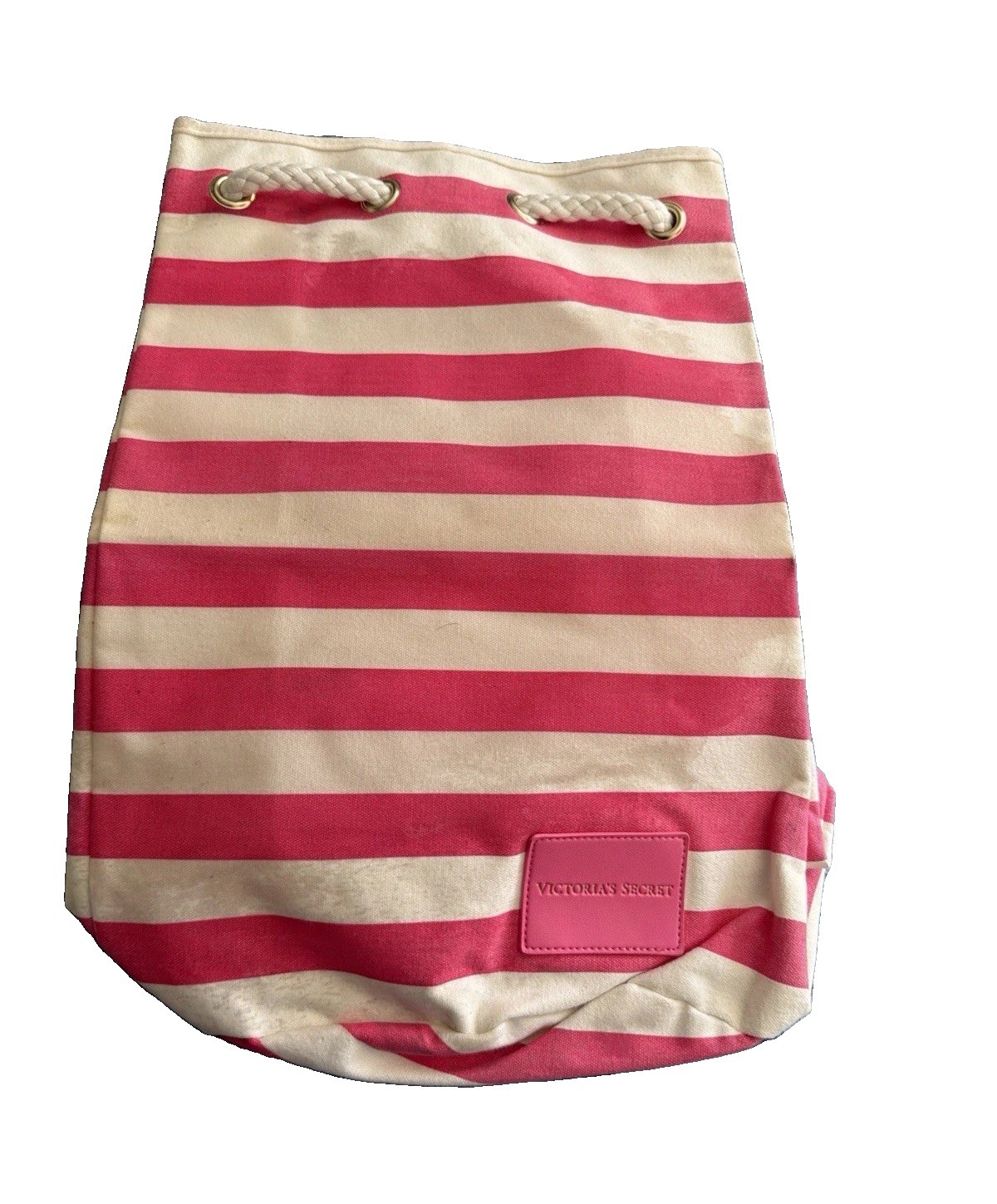Victoria’s Secret Pink/White Striped Bucket Bag, Drawstring, Rope Strap, Silver