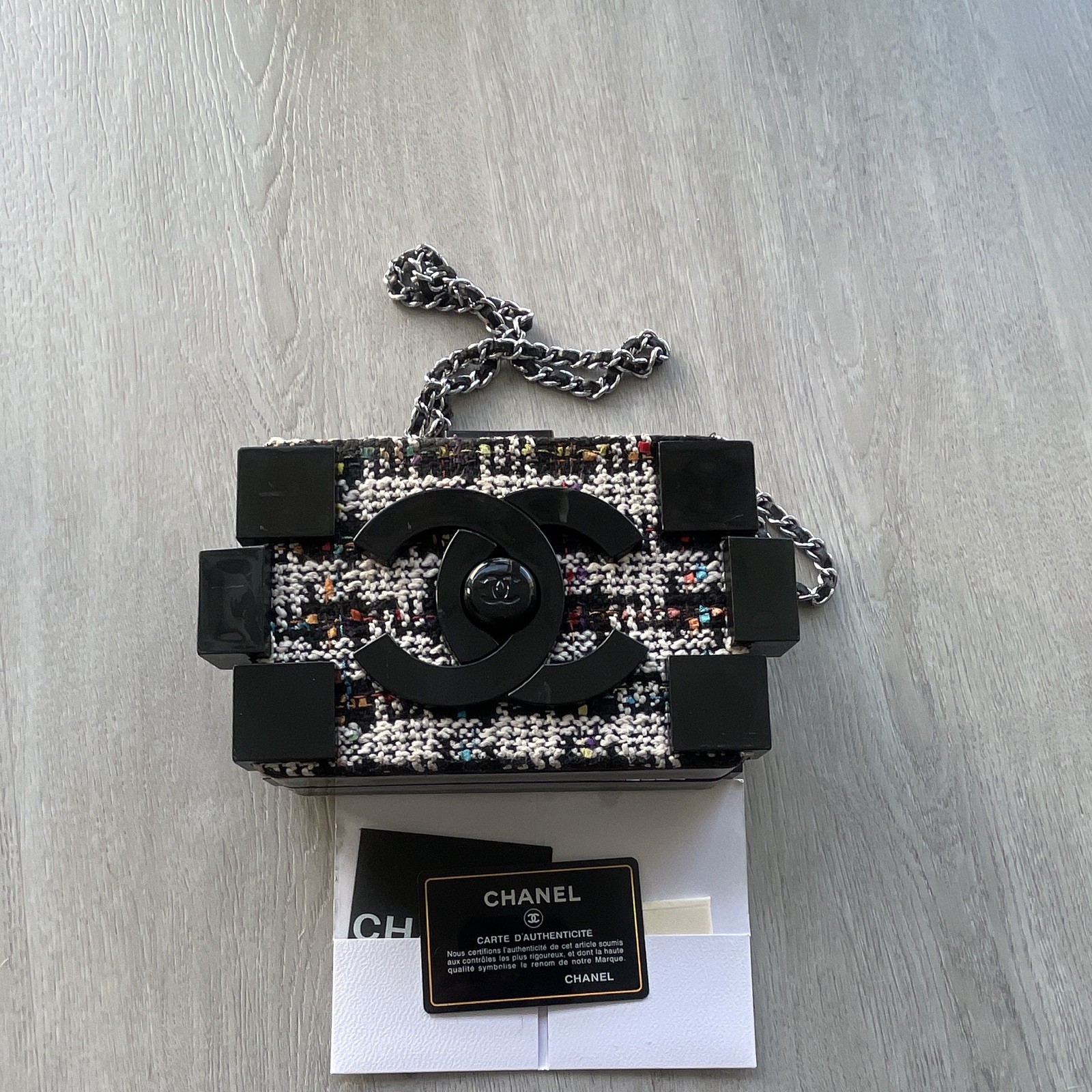 CHANEL Lego Tweed Box Flap Chain Shoulder Bag Turn Lock Black/White Multicolor