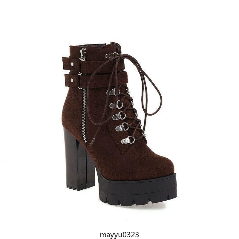 Women’s Ankle Boots HIgh Chunky Heel Shoes Platform Lace Up Zip Buckle Oversize