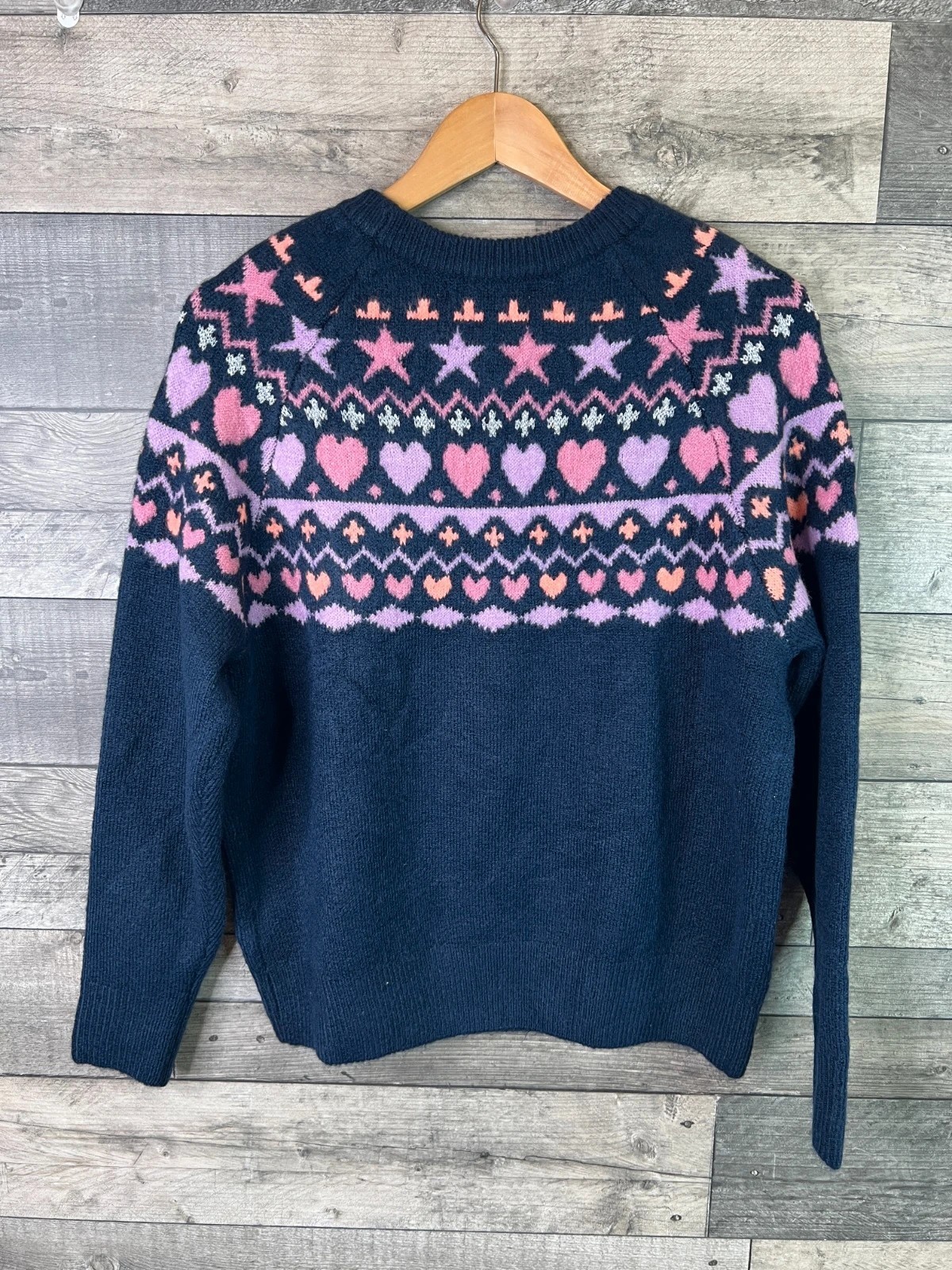 Monsoon Womens Jumper Size Large Navy Pink Stars hearts Knit Fair Isle Sweater