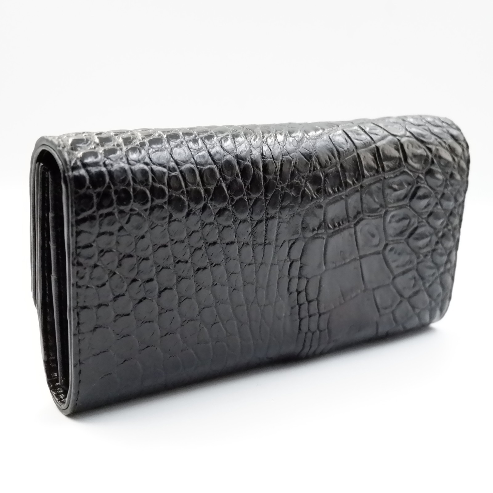 New Black Genuine Croc Leather BackBone Skin Women Tri-fold Clutch Wallet Purse.