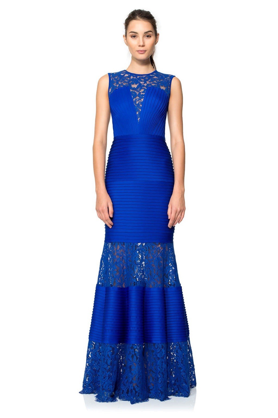 $438 Tadashi Shoji Pintuck Neoprene and Lace Illusion Gown Size Small