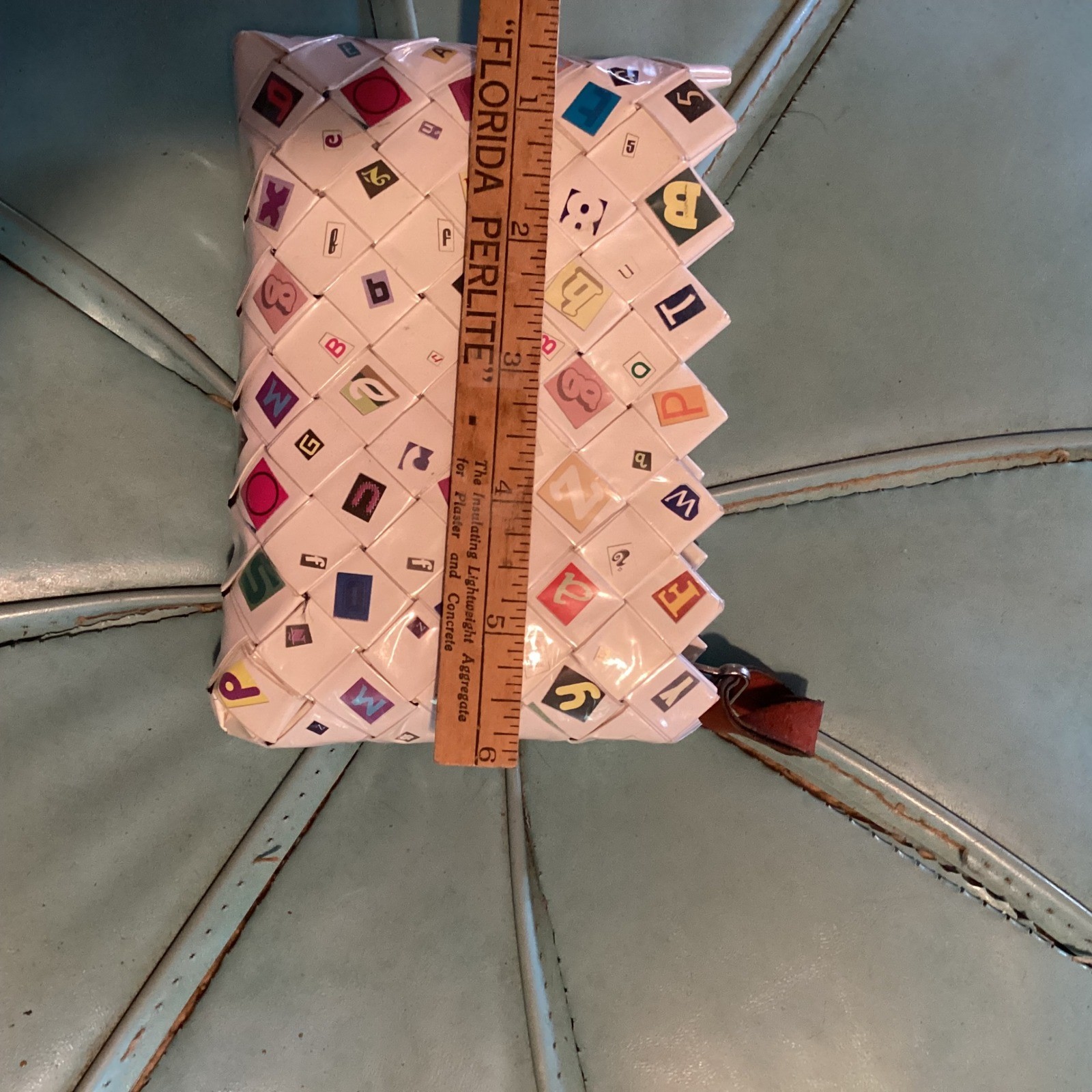 Nahui Ollin Woven Clutch Bag Upcycled Alphabet Tiles Unique Handmade