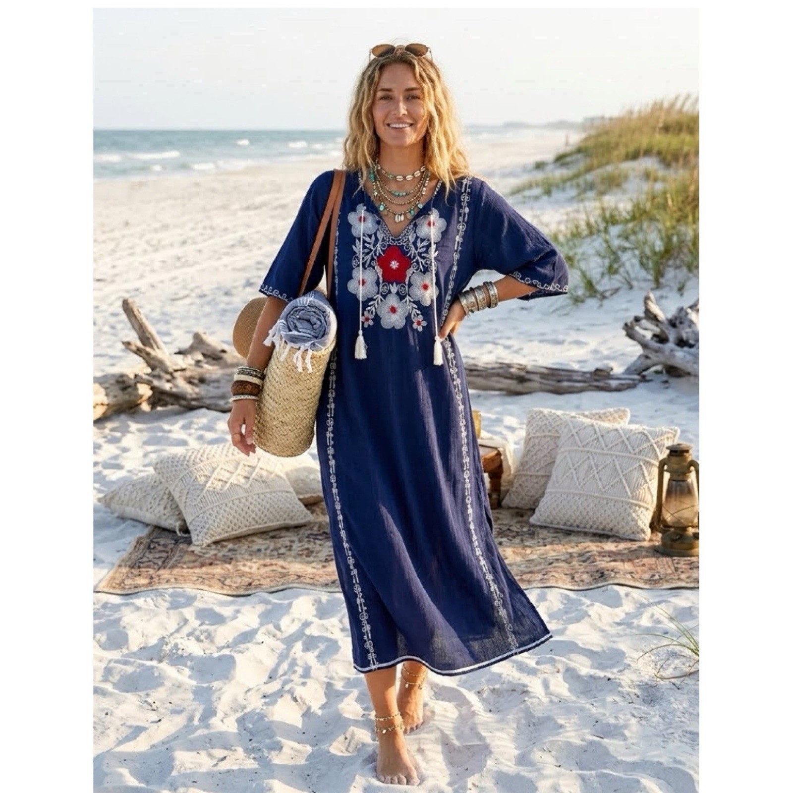 Coastal Boho Floral Embroidered Cotton Caftan Maxi Dres Size S/M Art To Wear