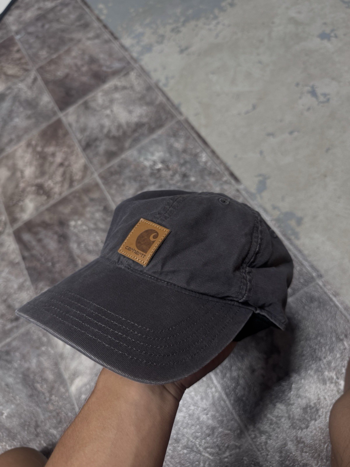 Carhartt Odessa Hat 100141 Faded Black Grey Leather Patch Canvas Strapback Cap
