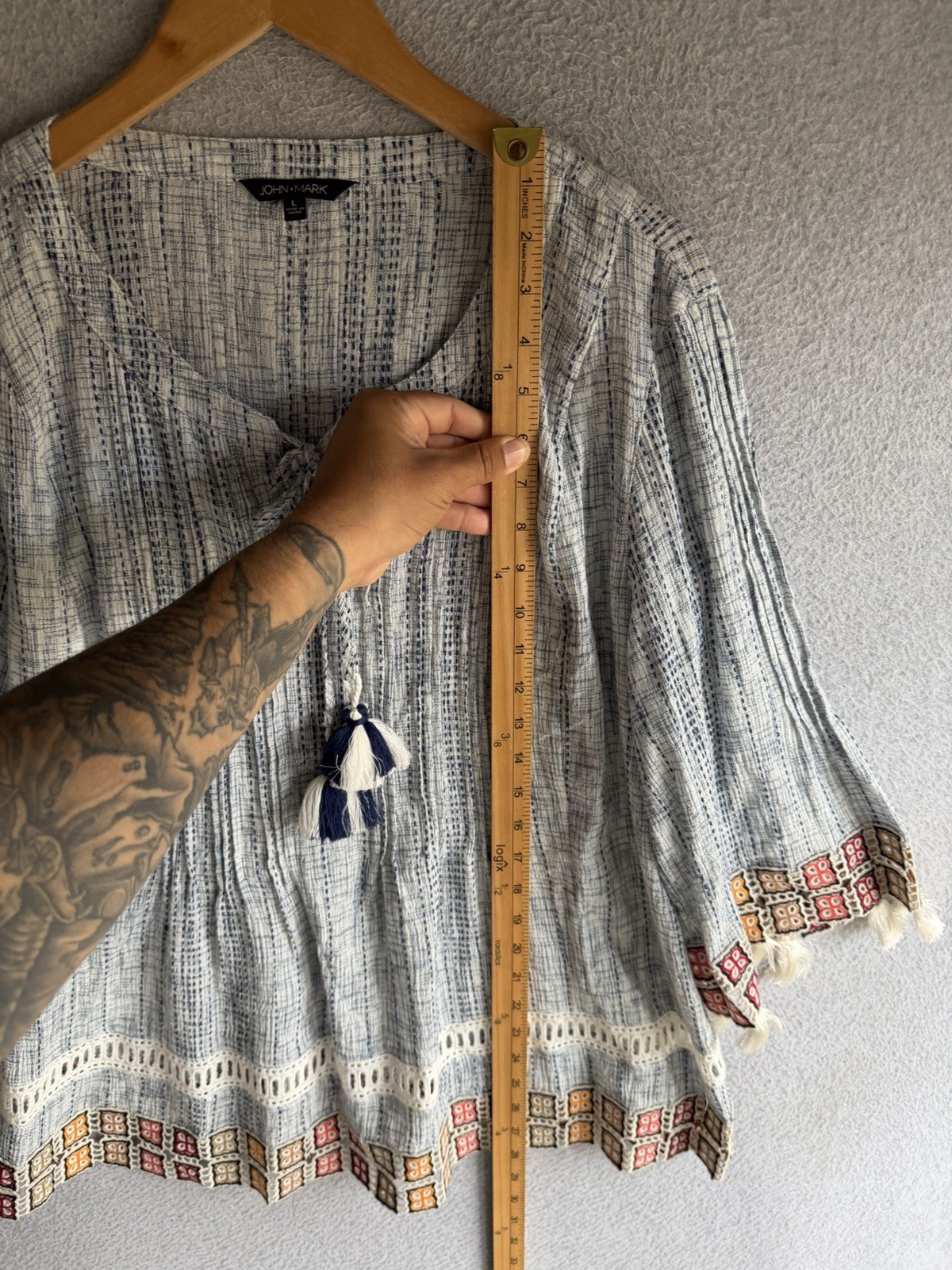 John Mark Blouse Womens Large Boho Pleated Tasseled Beach Resort