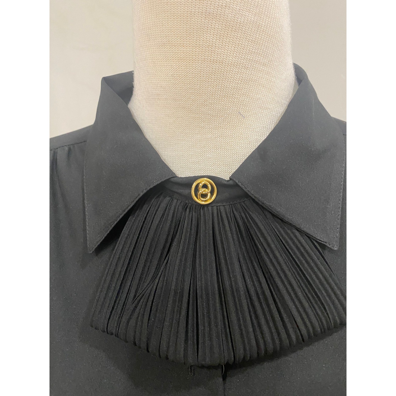 Vintage 70s 80s Black Pleated Bib Blouse Gold Button Accent Long Sleeve Top