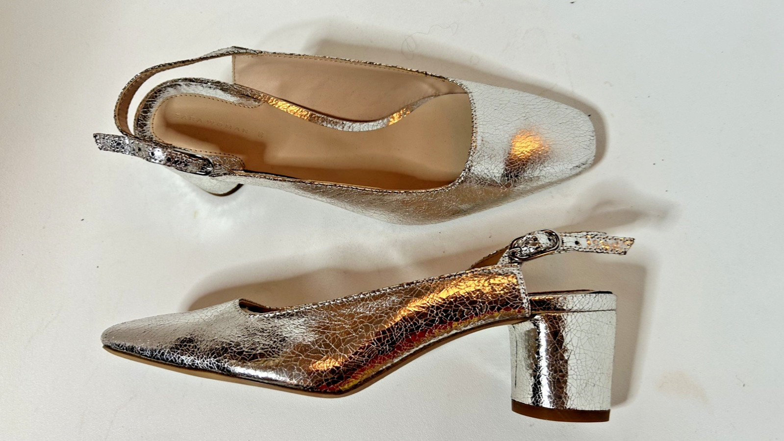Zara Womens Leather Slingbacks in Silver Metallic Size 38 / US 7 1/2