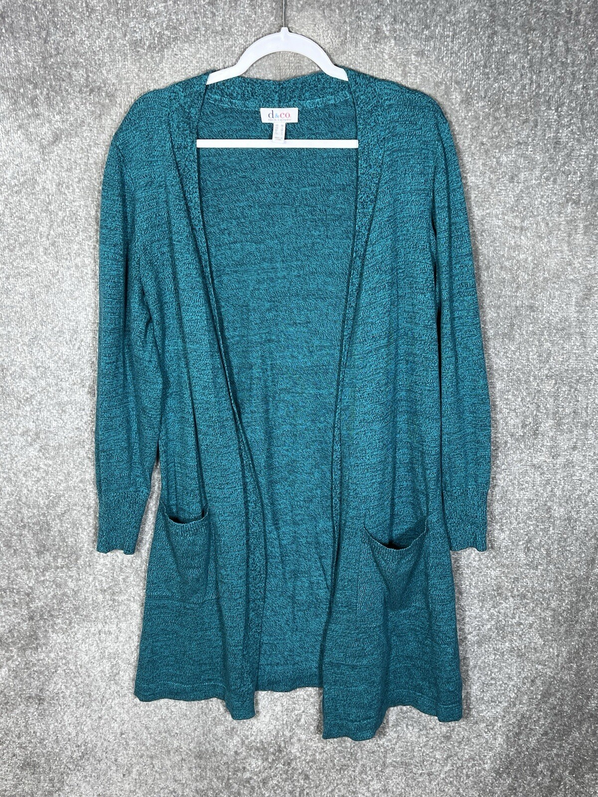 Denim & Co Mid Length Cardigan Sweater Womens Sz Medium Teal Pockets Open Front