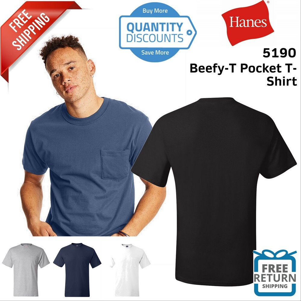 Hanes Mens Short Sleeve Cotton Blank Beefy-T With A Pocket 5190 Up To 3XL