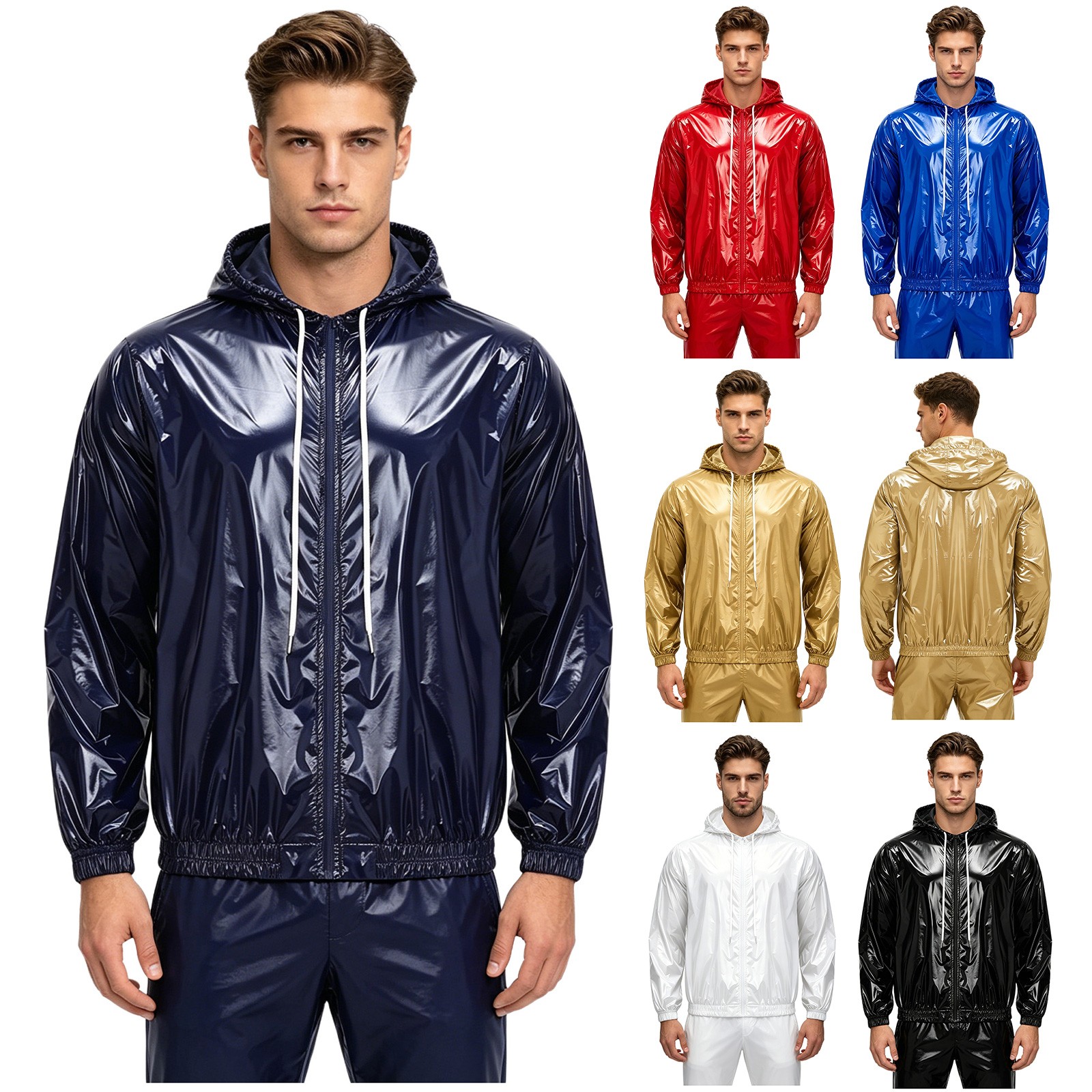 Men’s Raincoat Full Zip Jacket Tracksuit Waterproof Overcoat Windbreaker Hoodie