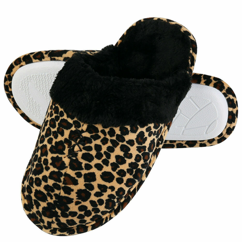 Aerusi Women Comfy Slip On Leopard Faux Fur Slippers House Indoor Bedroom Shoes