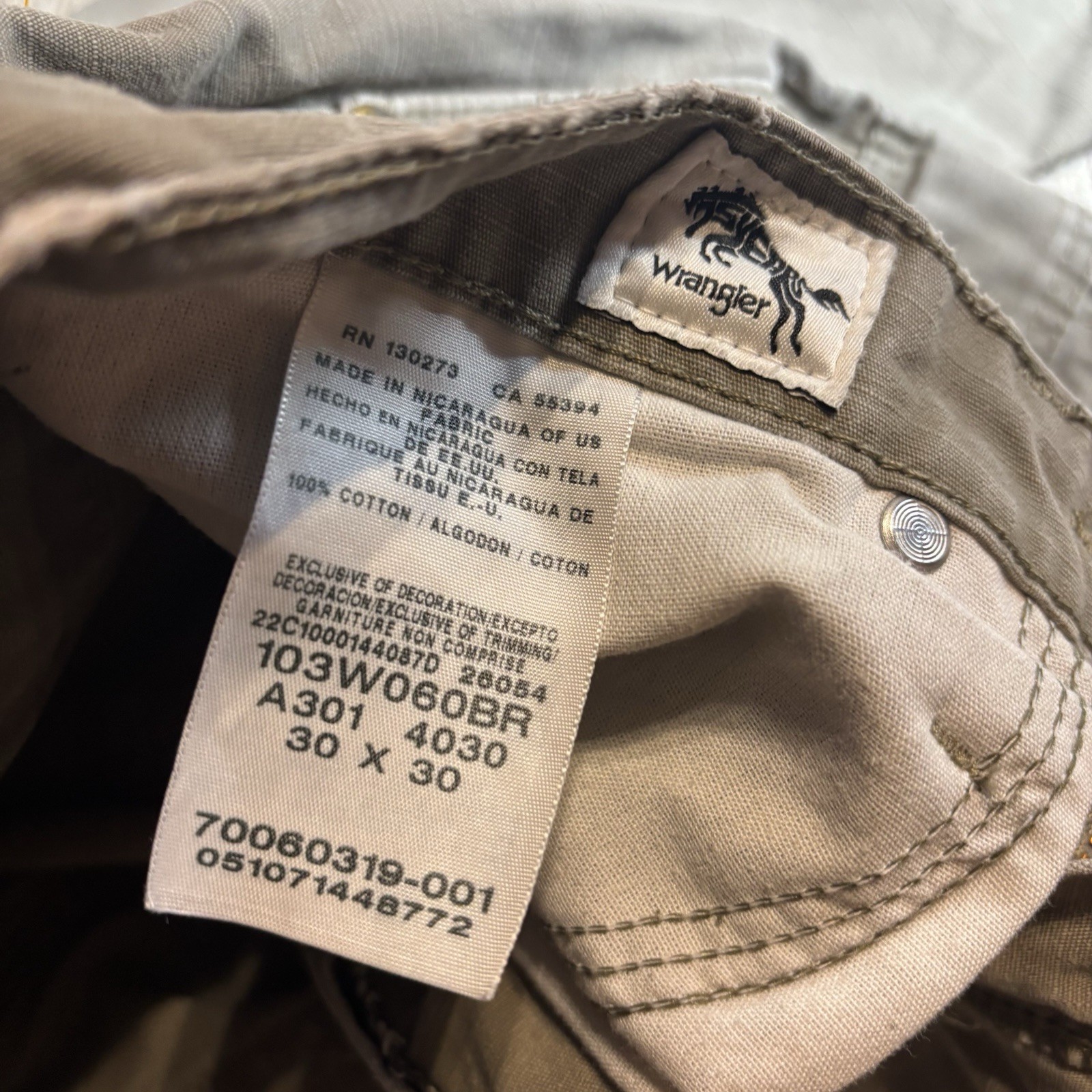 Wrangler Riggs Tan Cargo Straight Fit Canvas Workwear Pants Men’s Size 30X30