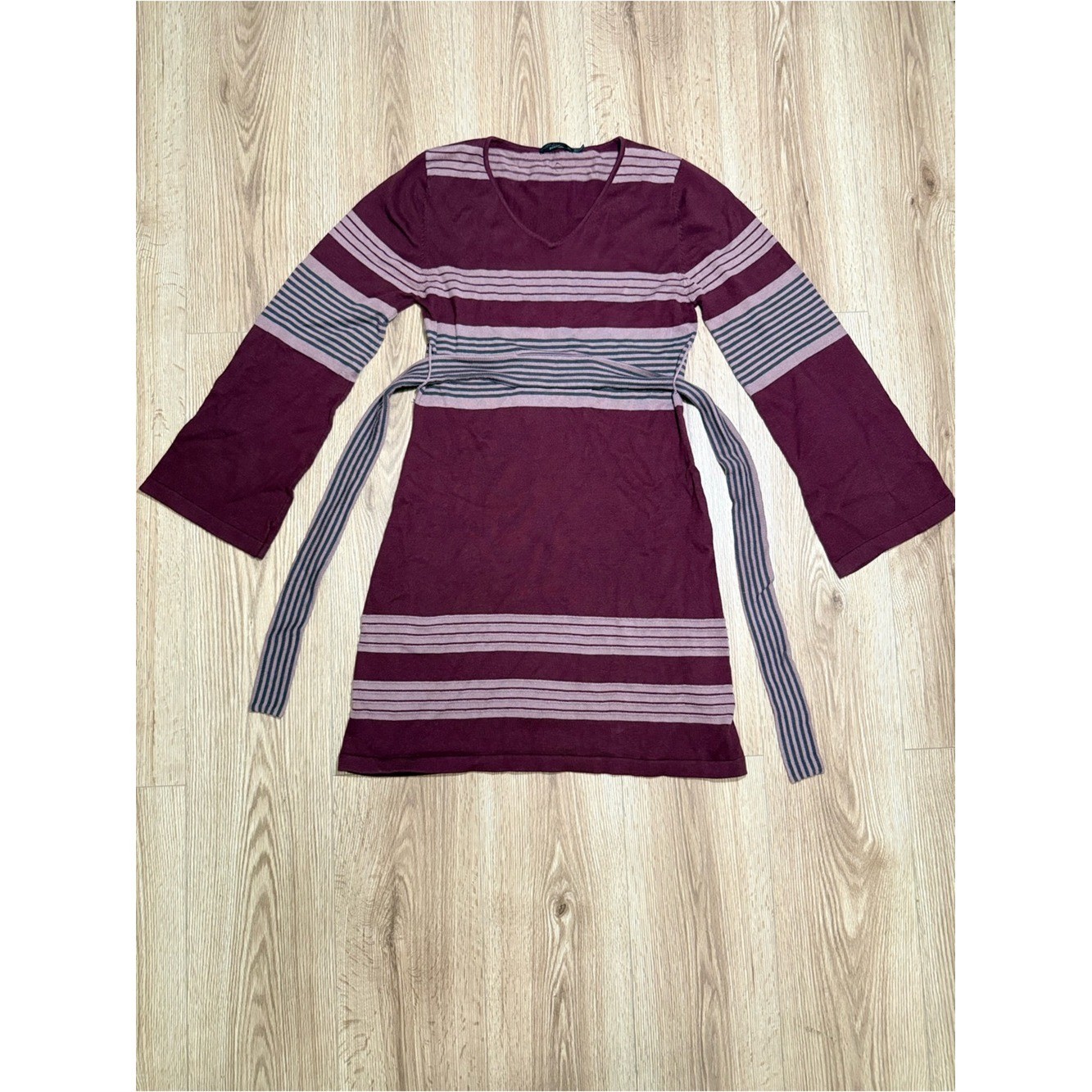 Prana Burgundy and Light Pink Striped V‑Neck Long Sleeve Dress