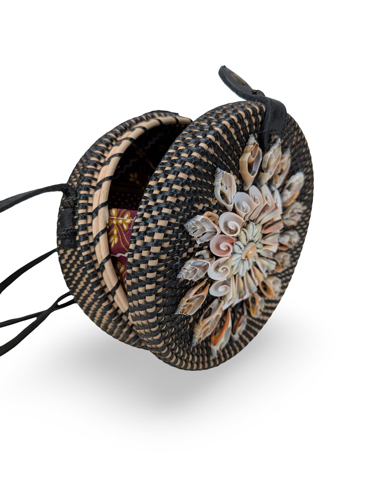 Black Shell Boho Bag, Shell Floral Rattan Bag, Dart Rattan Handbag