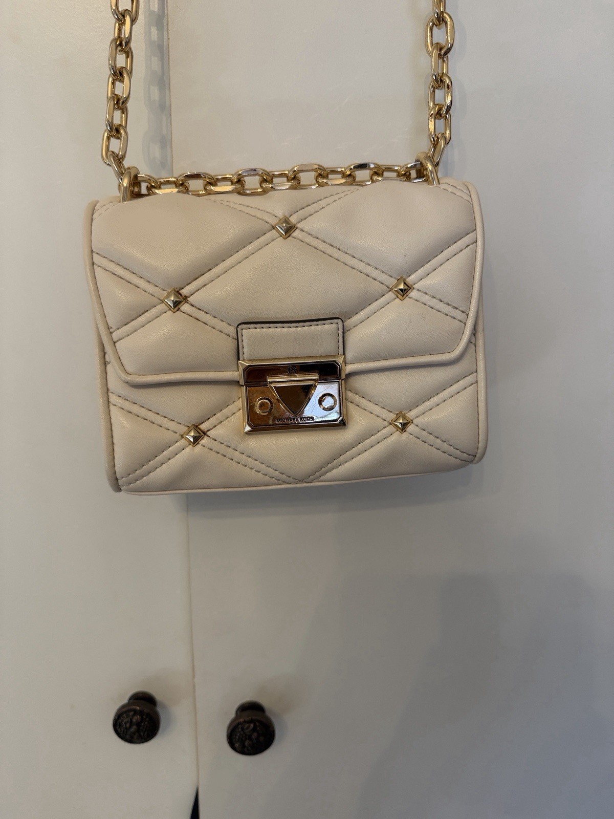 Michael Kors Ivory Quilted Crossbody Bag Chain Strap Turn Lock Gold Hardware