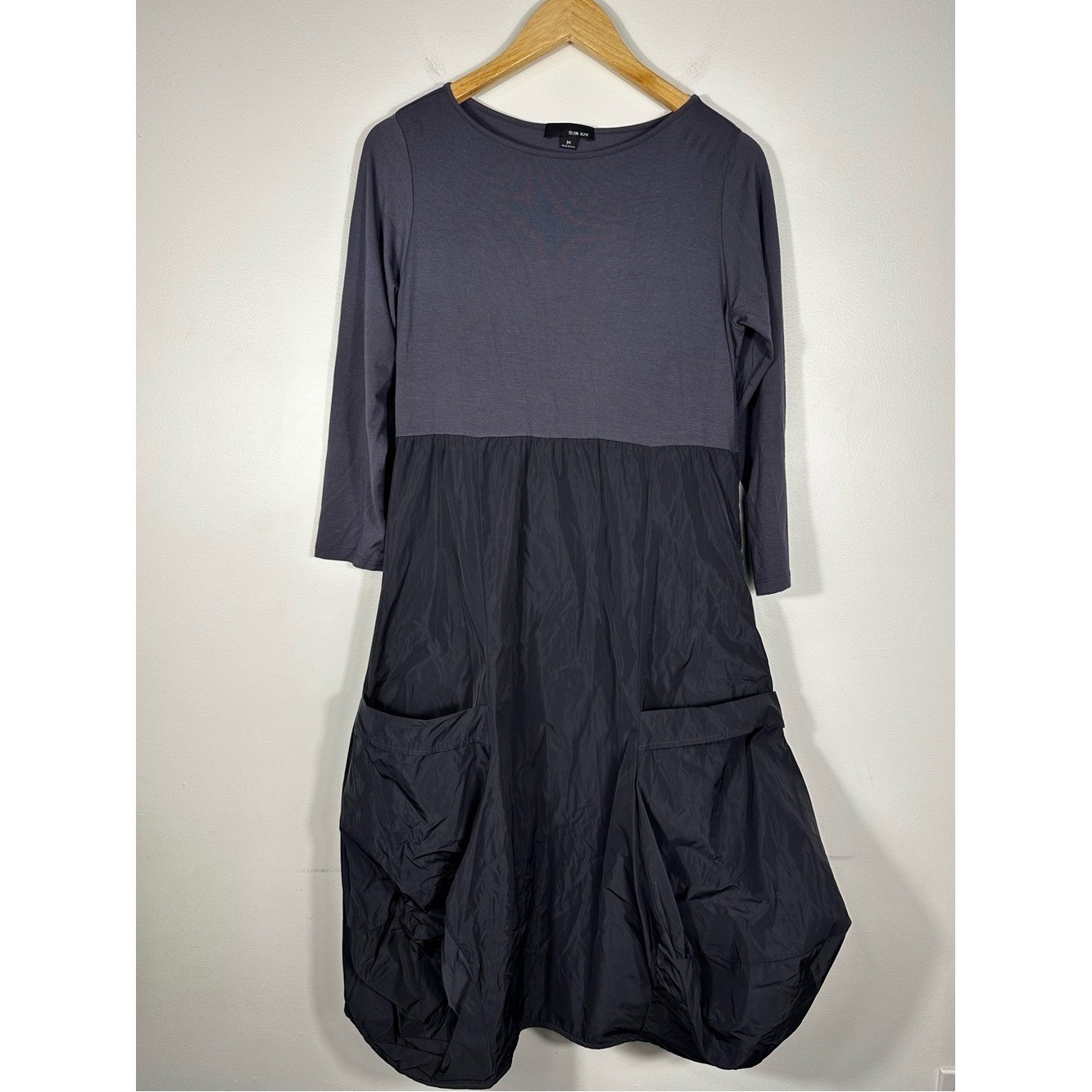 Sun Kim Black Cocoon Lagenlook Pockets Dress USA Made Size M