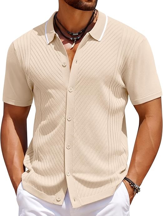 Men’s Knit Short Sleeve Shirts Button Down Vintage Knitted Polo Shirt