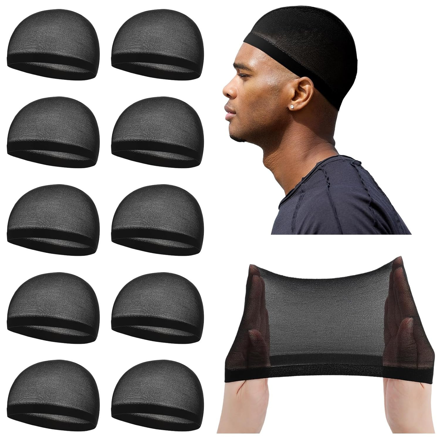 10 Pcs Black Stocking Wave Cap Nylon Beanie Stretchy Wig Caps for Men Women
