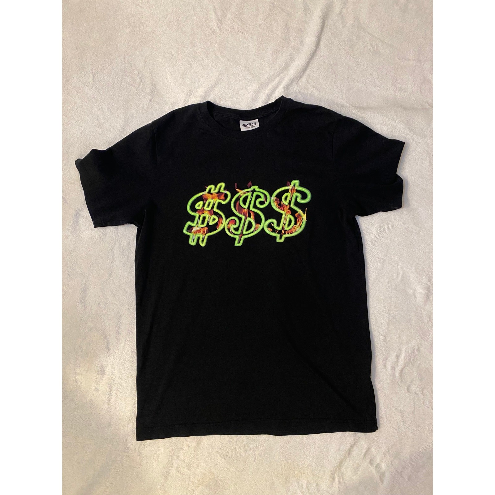 SSS World Corp Flaming Dollar Graphic Tee XS Black Skate Streetwear