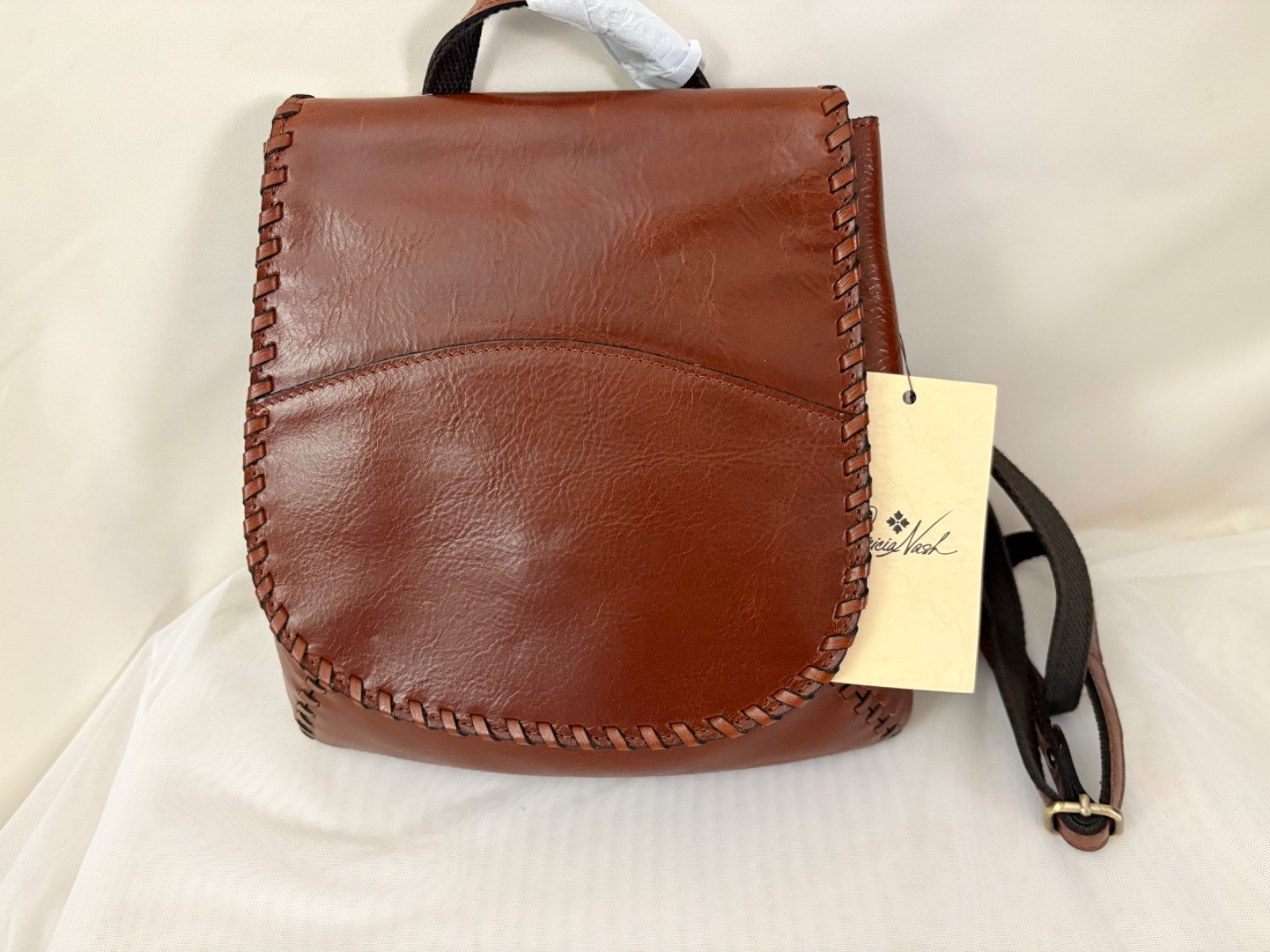 Patricia Nash Leather Backpack KIMINA Cognac Whip Stitching Flap Top Handle NWT