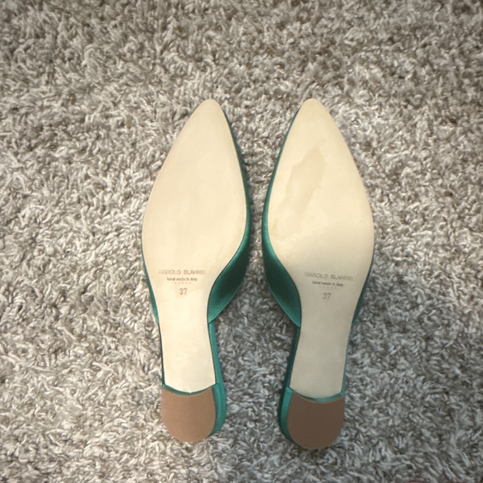 Manolo Blahnik Green Satin Rhinestone Pointed Toe Slip-On Mule Flats 6.5