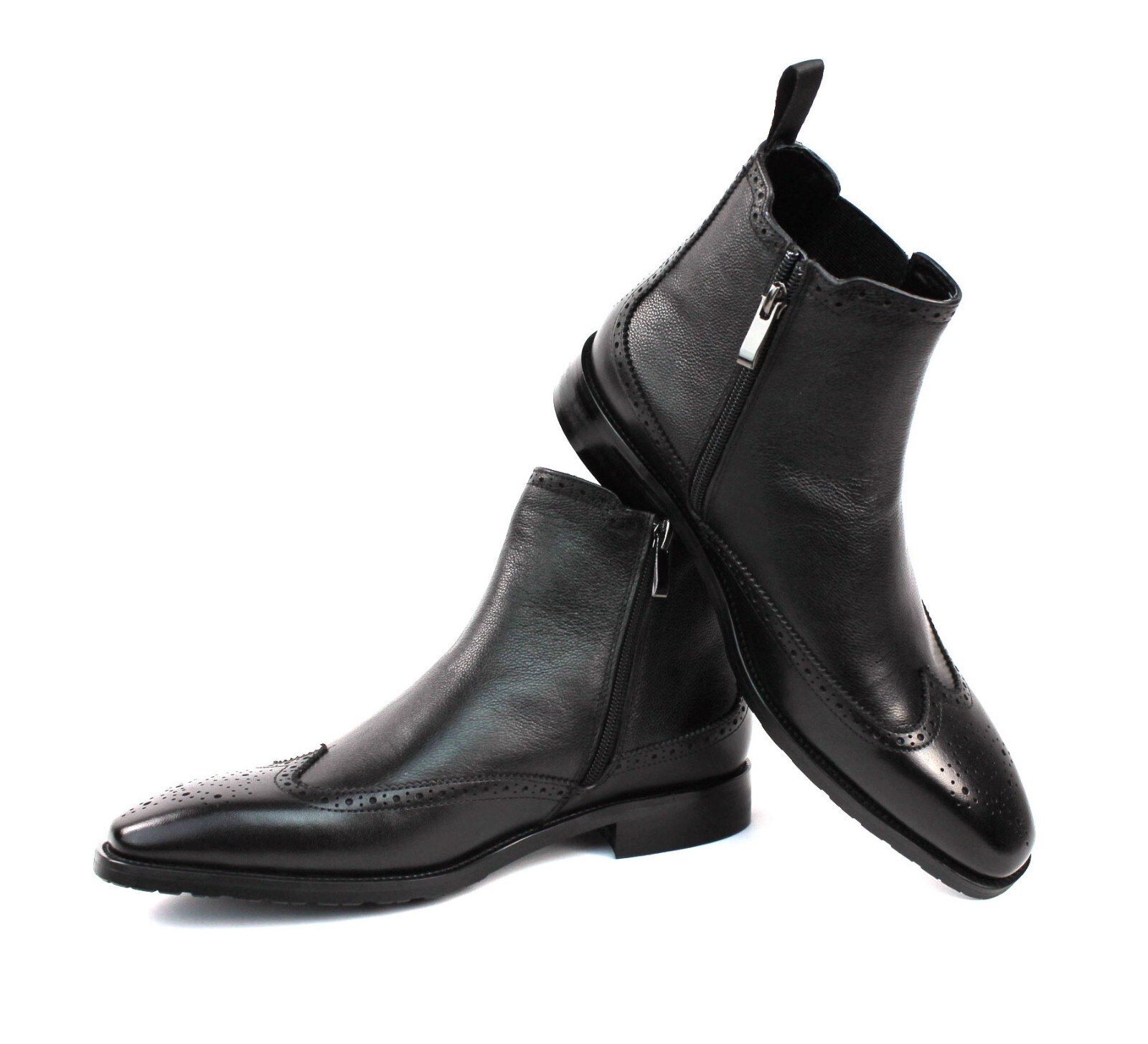 Men’s Exclusive Genuine Leather Black Wing Tip Chelsea Boots With Zipper AZAR