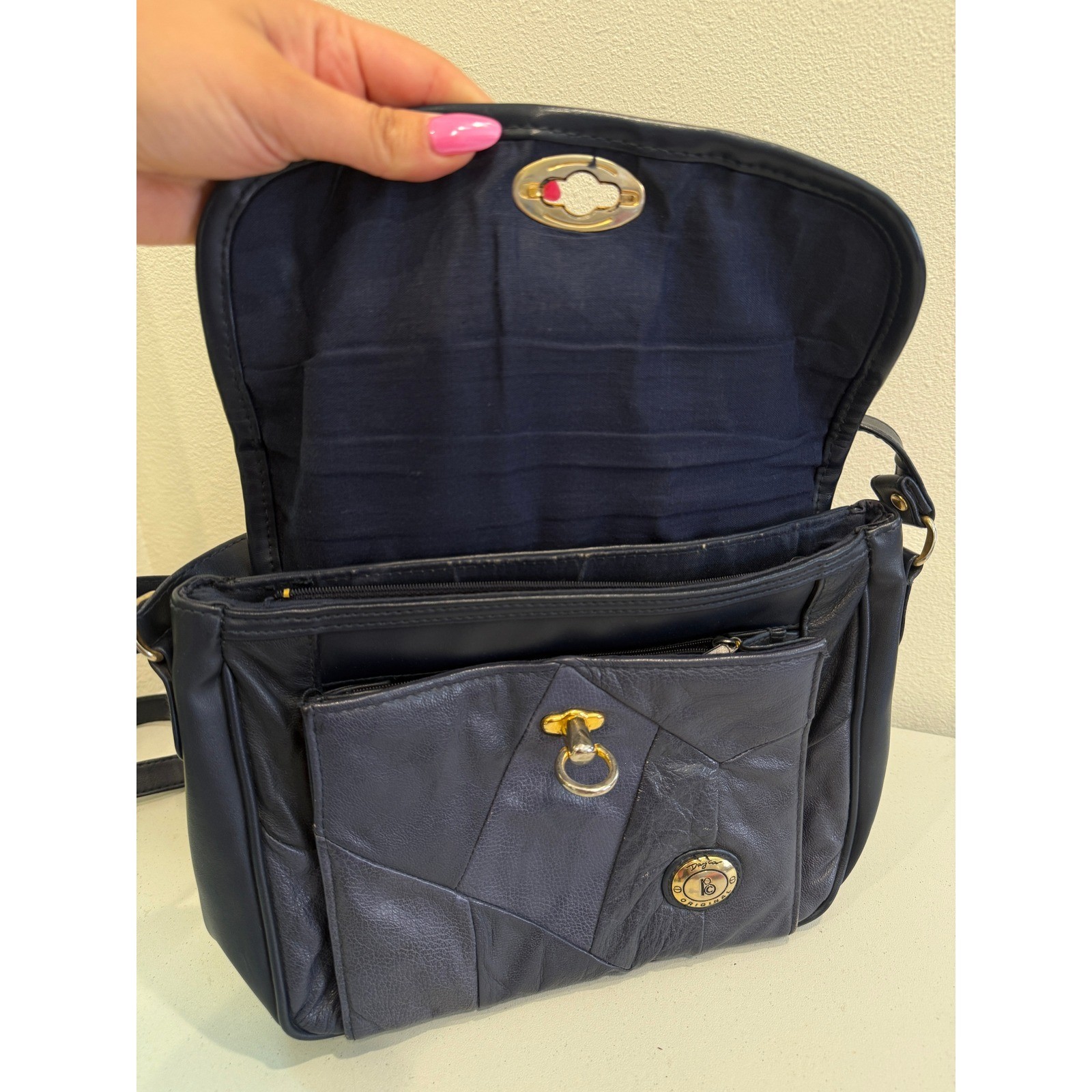 Paglia Original Vintage Navy Patchwork Leather Crossbody Shoulder Bag Gold Tone