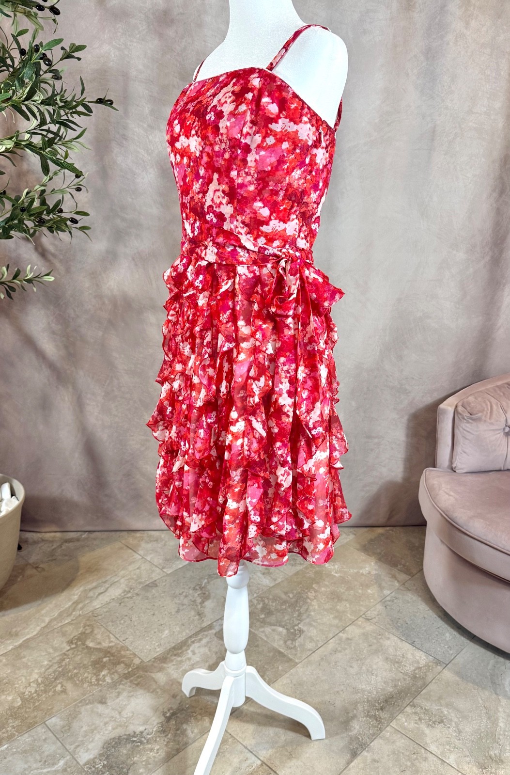 NWT White House Black Market Floral Waterfall Ruffle Chiffon Dress Pink Red Size