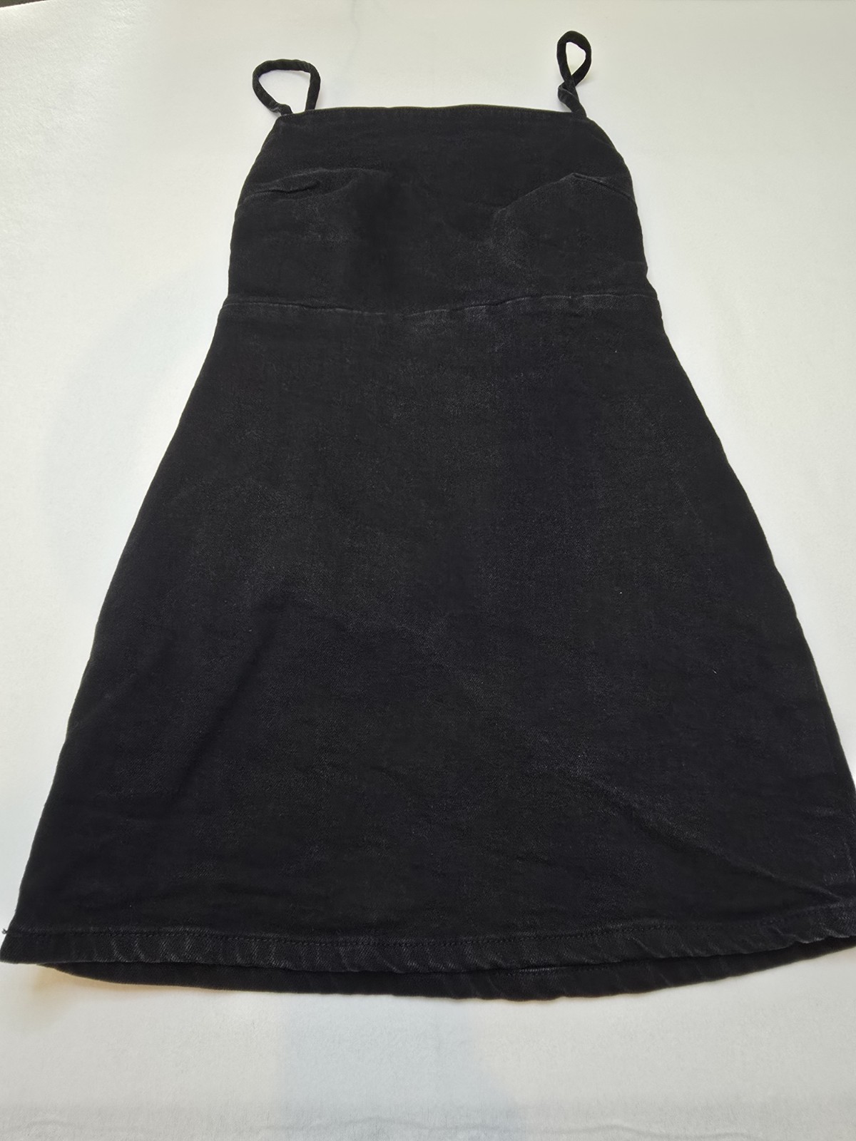Zara Black Denim Mini Dress Women’s Size Sm Spaghetti Strap Smocked Back A-Line