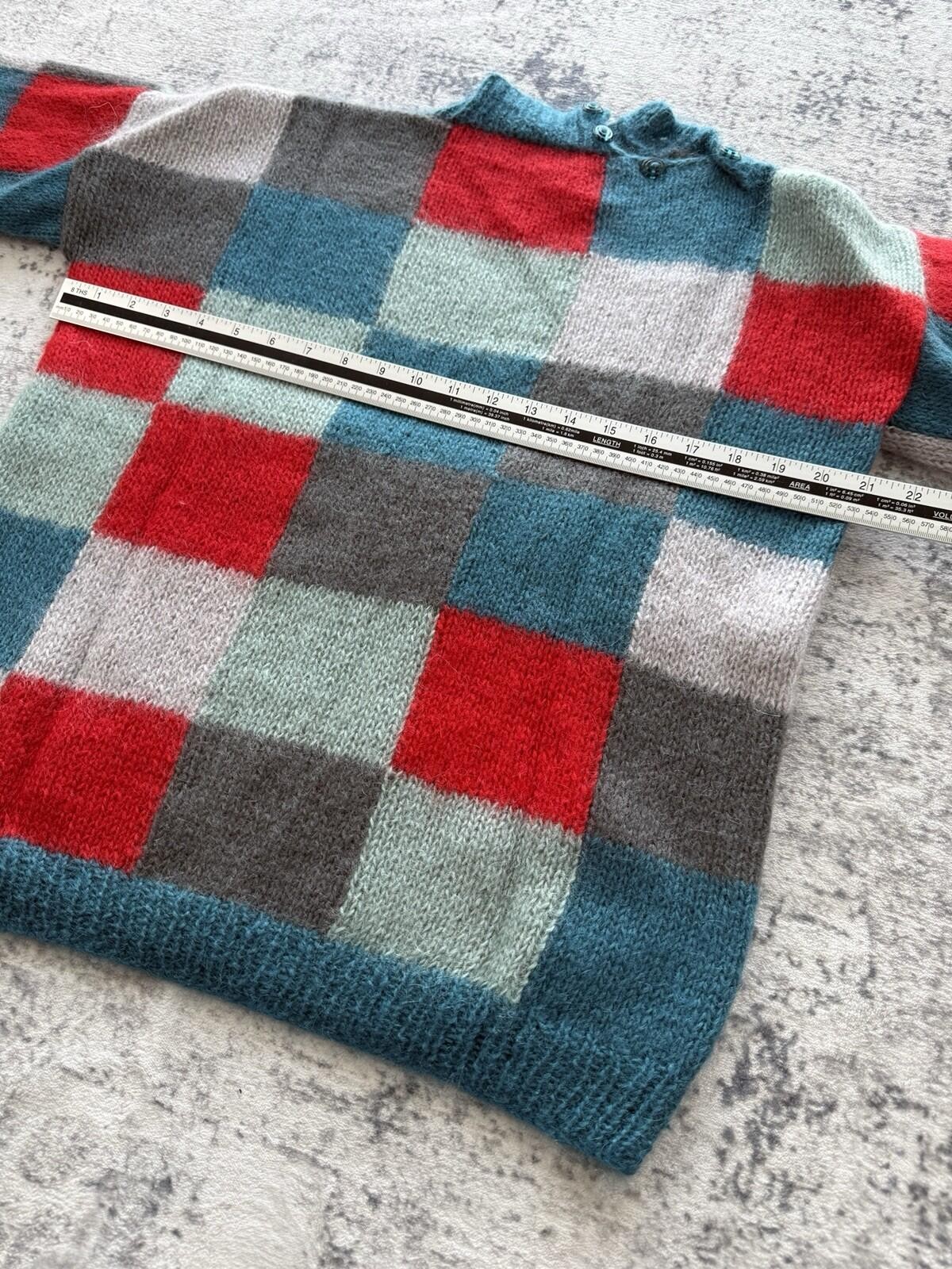 Hand knitted Jumper Womens 14 Blue Block Colour Funky Fuzzy Retro Cozy