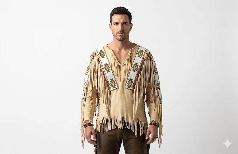 Men Traditional Wear Western Style Suede Leather Warrior Shirt Fringes & Beaded