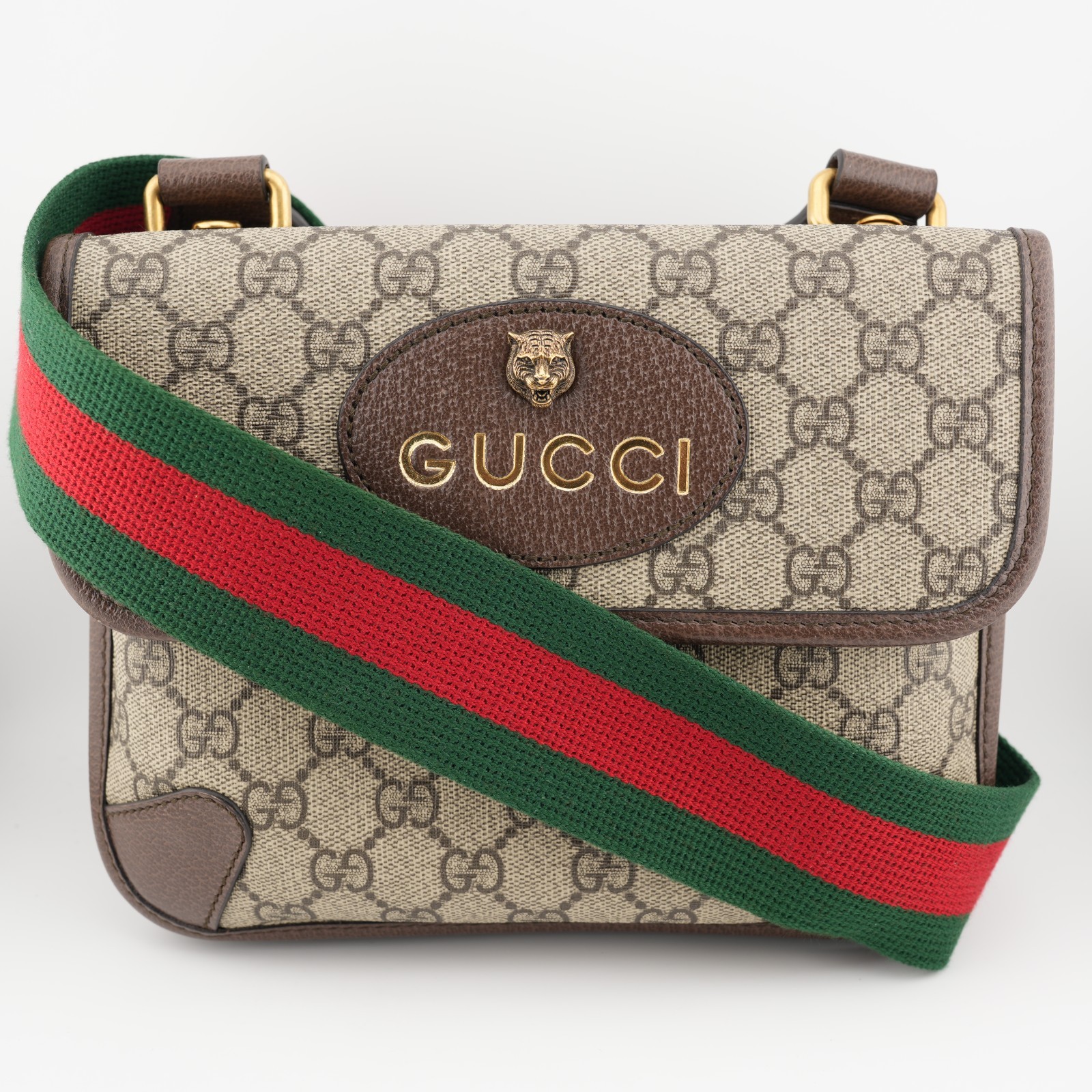 Gucci GG Supreme Monogram Web Small Neo Vintage Double Flap Messenger Bag Beige